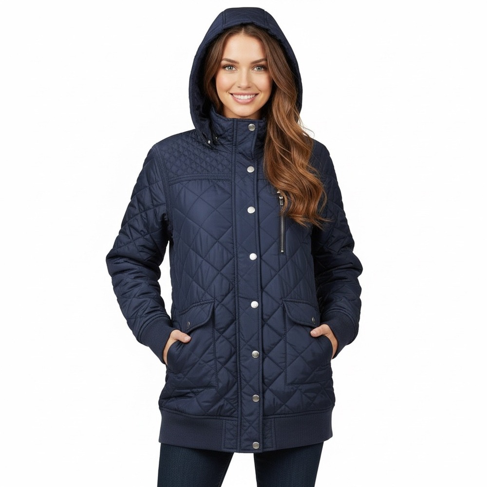 Billabong Denim Quilted Jacket Hooded Snap & Zip Front Pockets Blue Women's Sz S